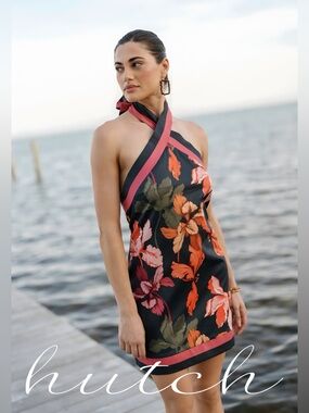 NWT Hutch Baker Dress Size 0 Navy Blue Pink Floral Halter Open Back Mini Dress